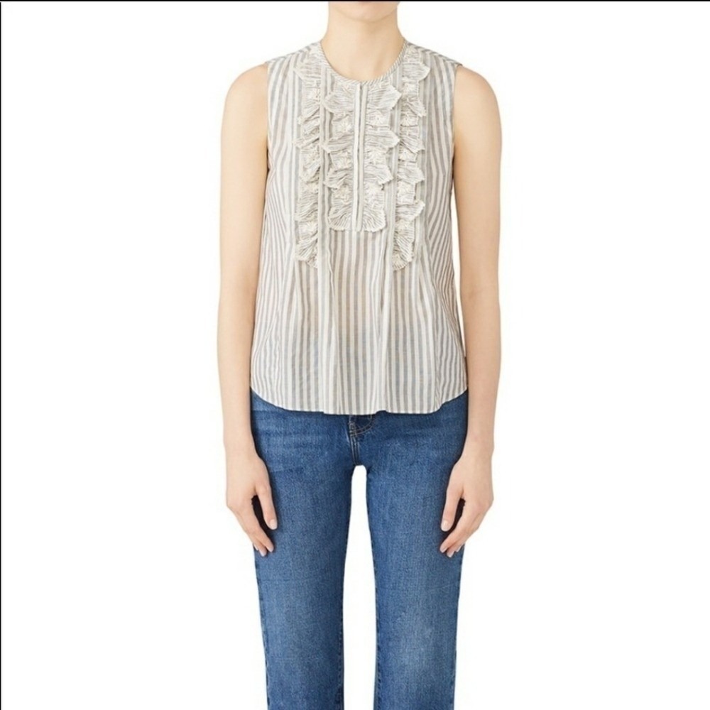 Rebecca Taylor Grey White Striped Ruffle Embroidered Sleeveless Blouse Size 4